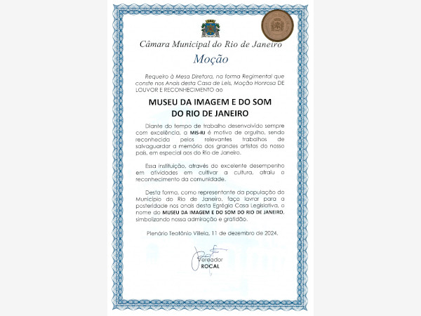 MIS RJ e Presidente recebem Moção Honrosa de Louvor e Reconhecimento da Câmara Municipal do Rio de Janeiro